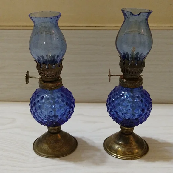 Vintage Mini Cobalt Blue Hobnail Oil Lamp with Hand Blown Chimney - Picture 5 of 5